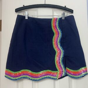 QUEEN OF SPARKLES Navy Mini Skirt with Rainbow Sequin Trim